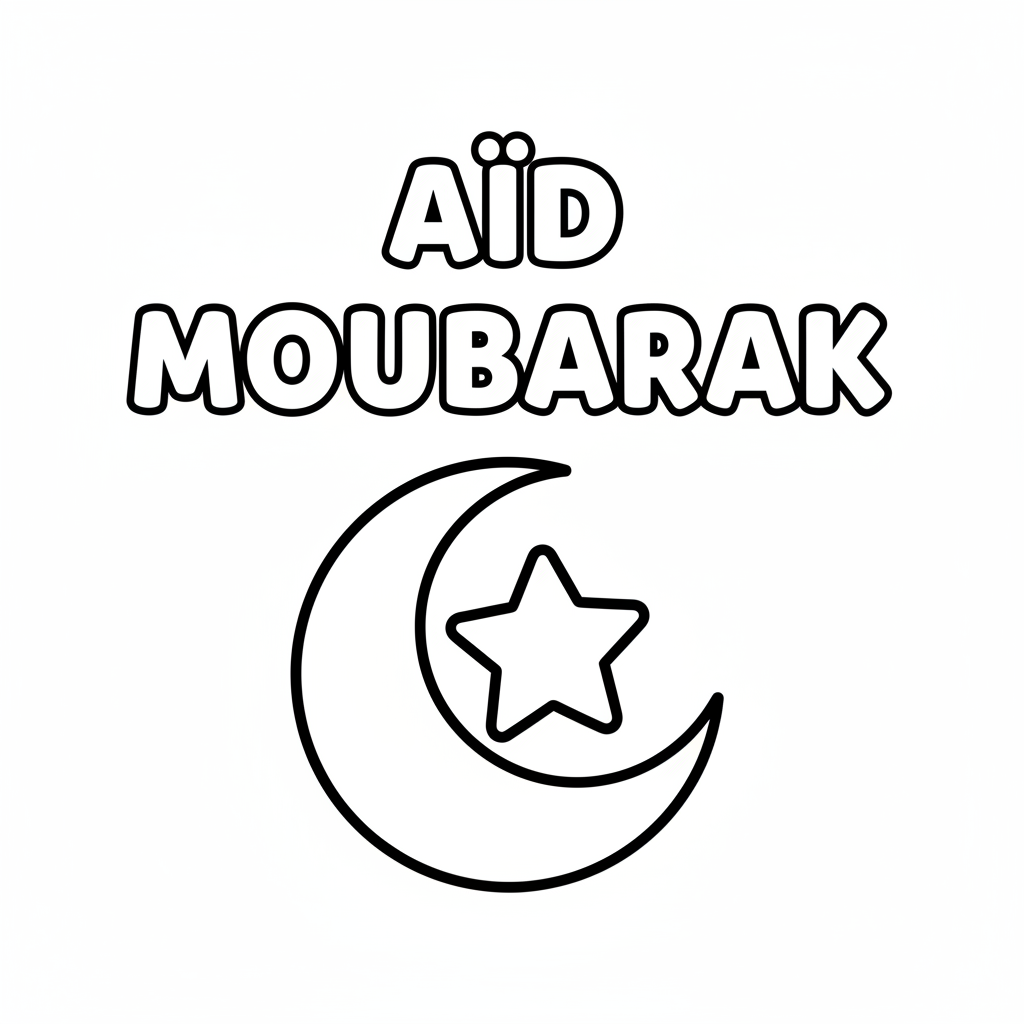 Picture of a printable coloring page showing Eid Mubarak, level easy
