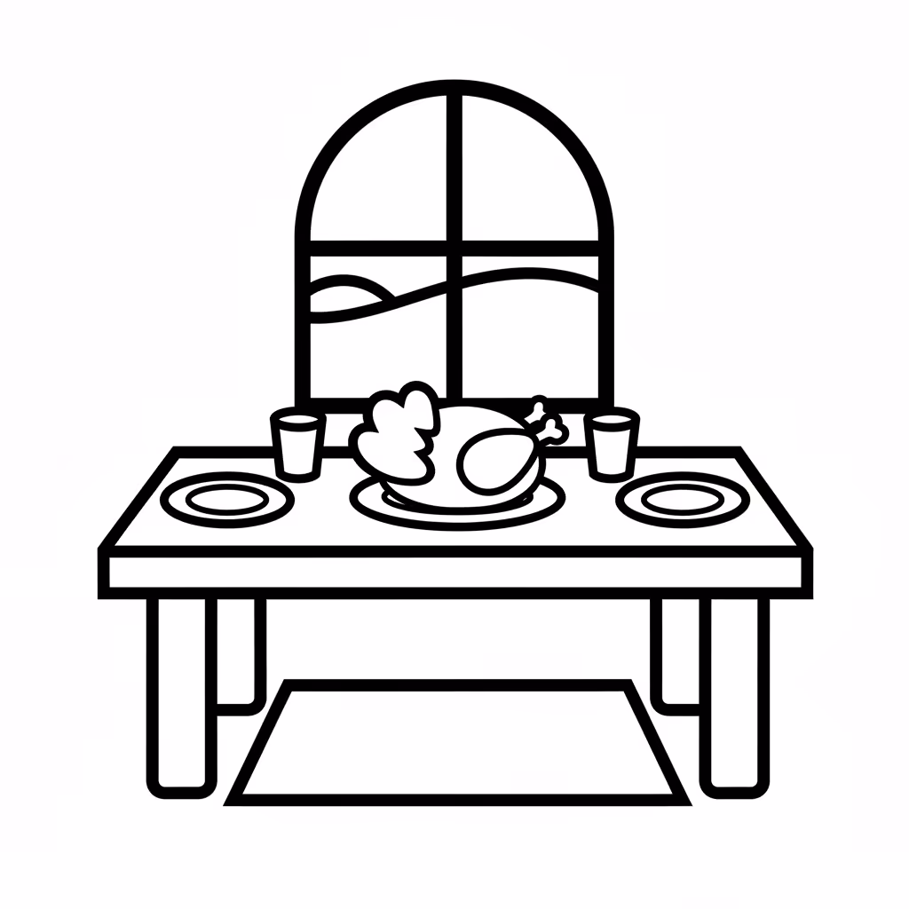 Picture of a printable coloring page showing Thanksgiving Table, level easy