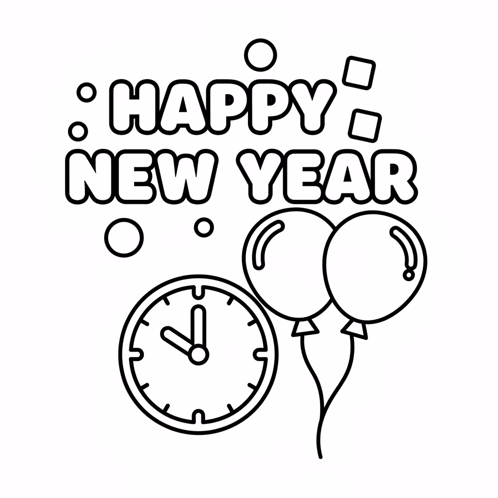 Picture of a printable coloring page showing Happy New Year, level easy