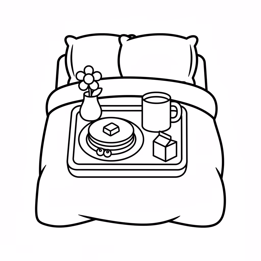 Picture of a printable coloring page showing Breakfast in Bed, level easy