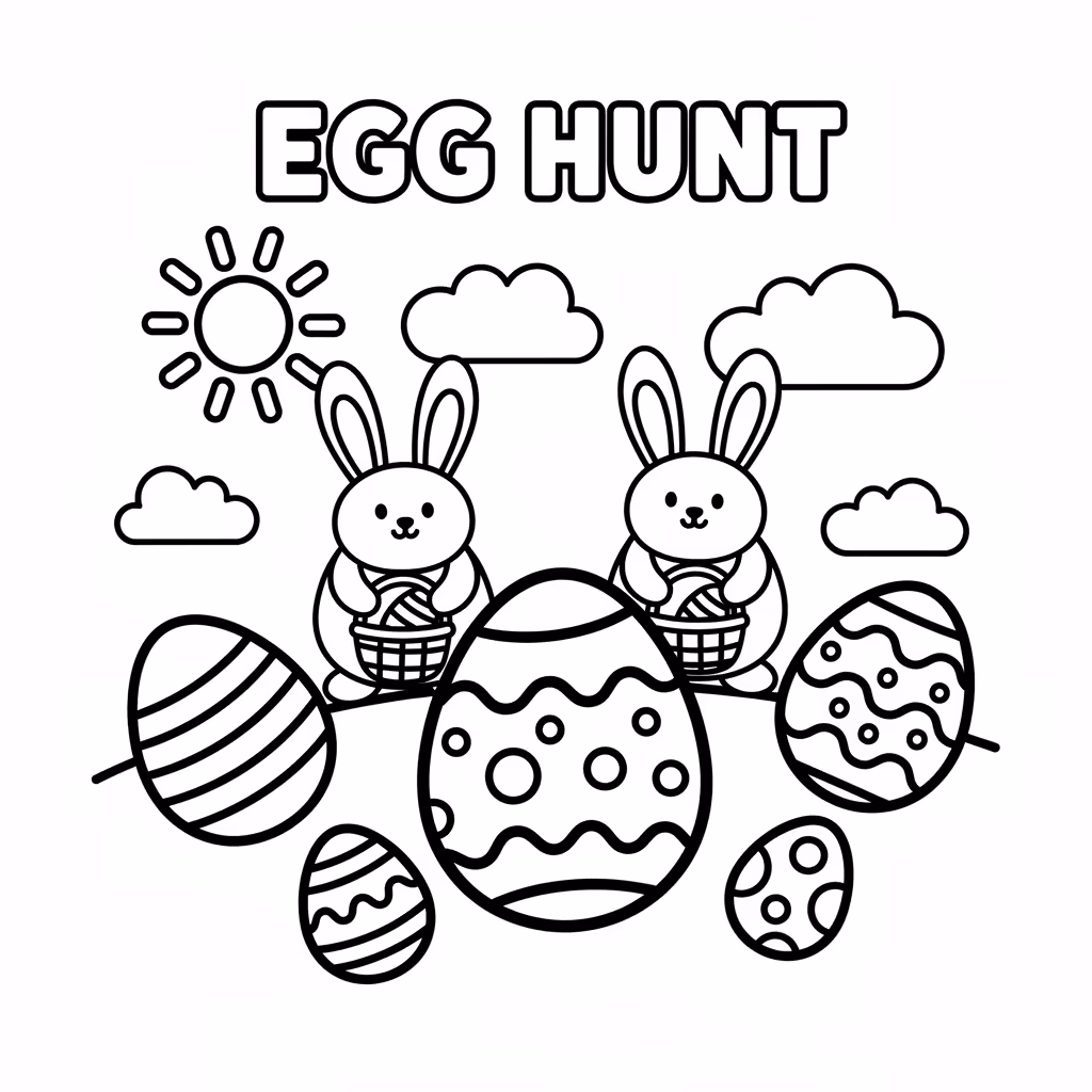 Picture of a printable coloring page showing Egg Hunt, level easy