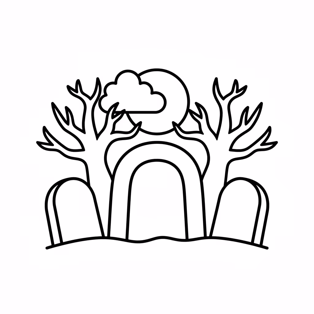 Picture of a printable coloring page showing Cemetery, level easy