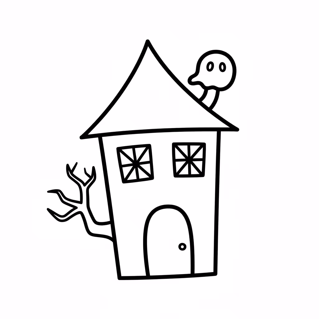 Picture of a printable coloring page showing Haunted House, level easy