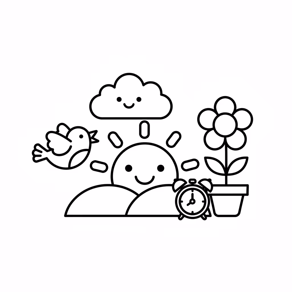 Picture of a printable coloring page showing Morning, level easy
