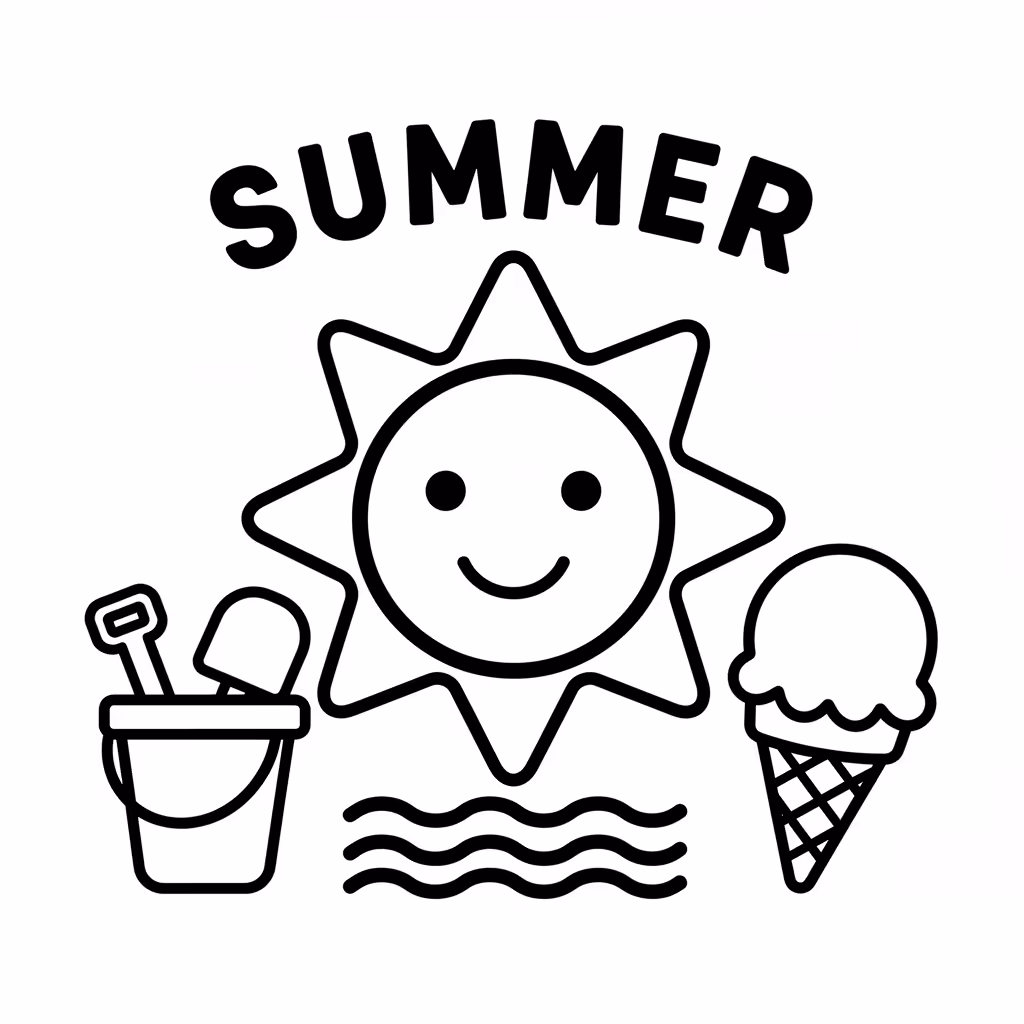 Picture of a printable coloring page showing Summer, level easy