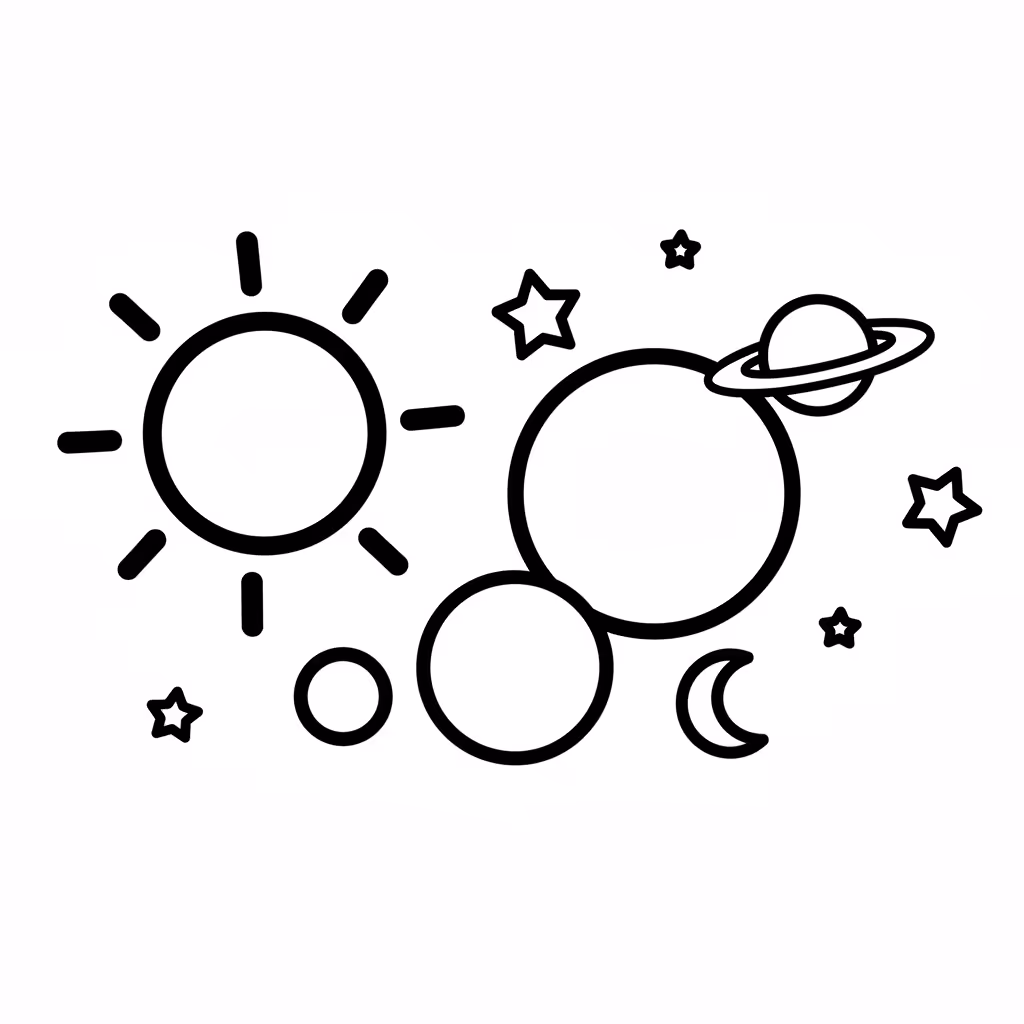 Picture of a printable coloring page showing Solar System, level easy