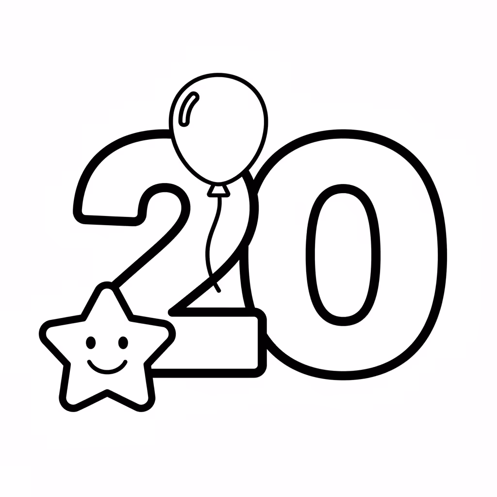 Picture of a printable coloring page showing Number 20, level easy