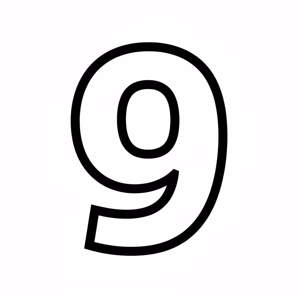 Picture of a printable coloring page showing Number 9, level easy