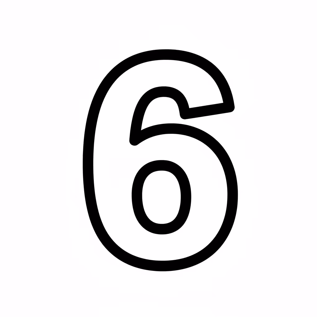 Picture of a printable coloring page showing Number 6, level easy