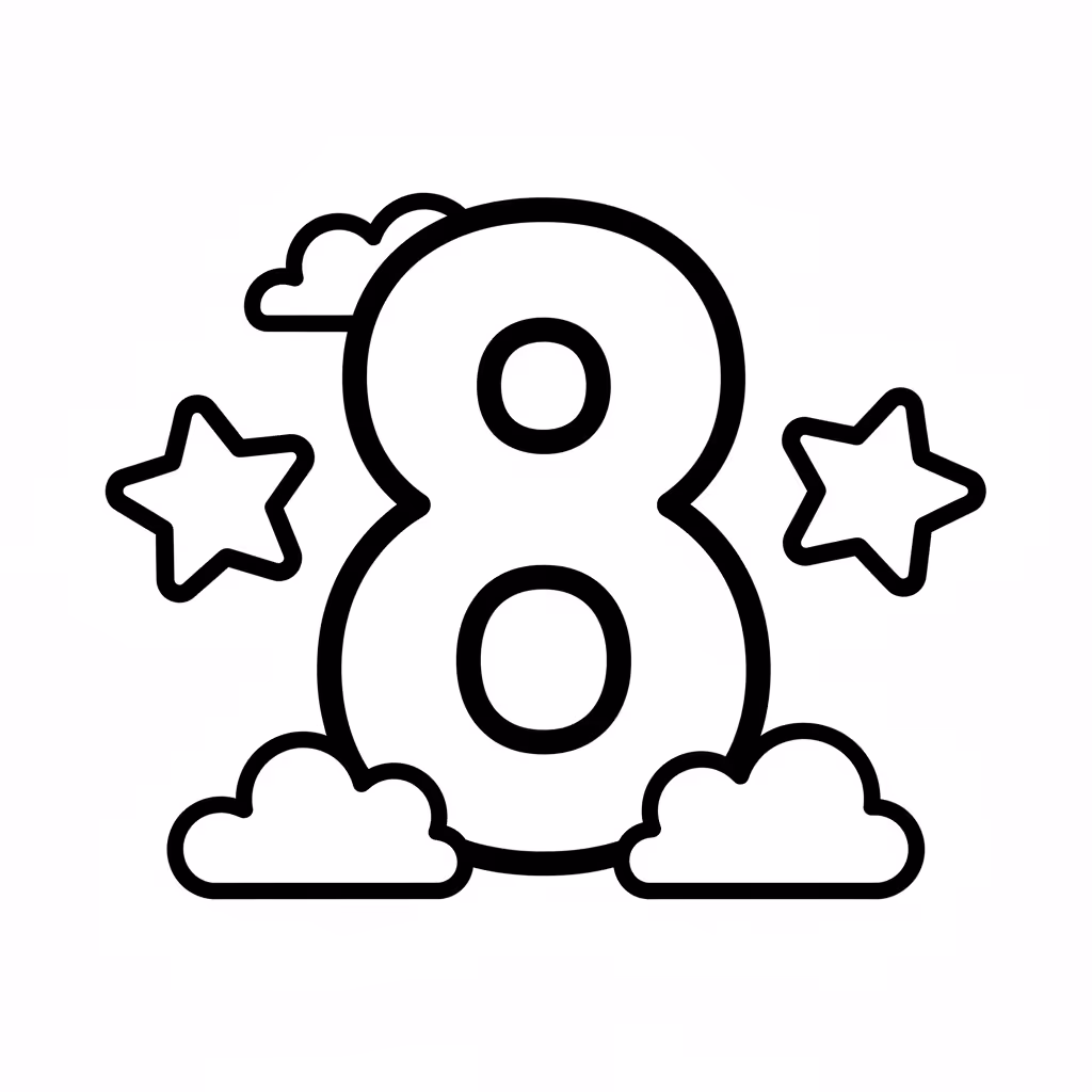 Picture of a printable coloring page showing Number 8, level easy