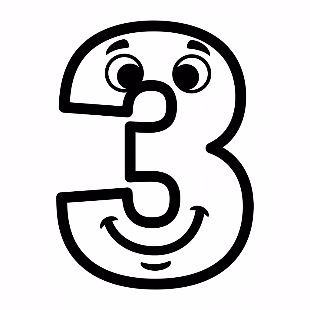 Picture of a printable coloring page showing Number 3, level easy
