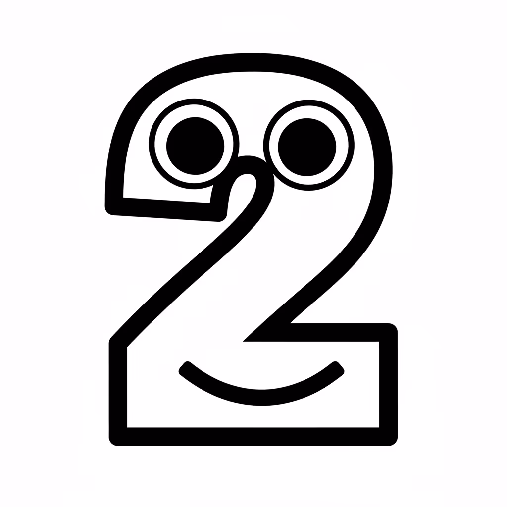 Picture of a printable coloring page showing Number 2, level easy