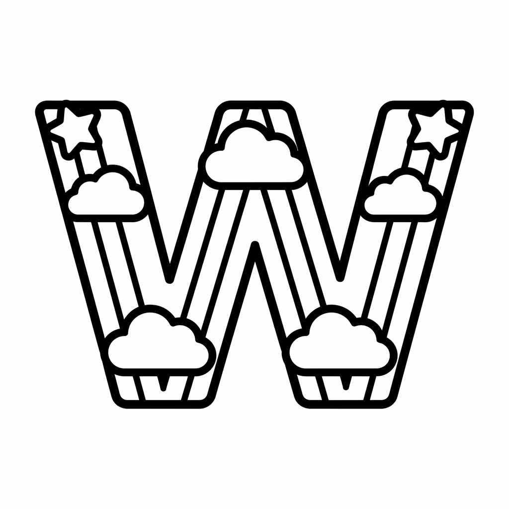 Picture of a printable coloring page showing Letter W, level easy