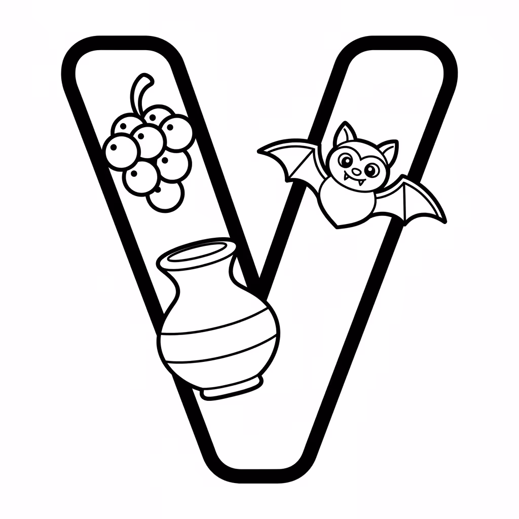 Picture of a printable coloring page showing Letter V, level easy