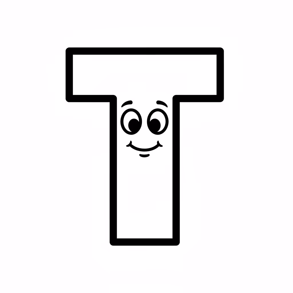 Picture of a printable coloring page showing Letter T, level easy
