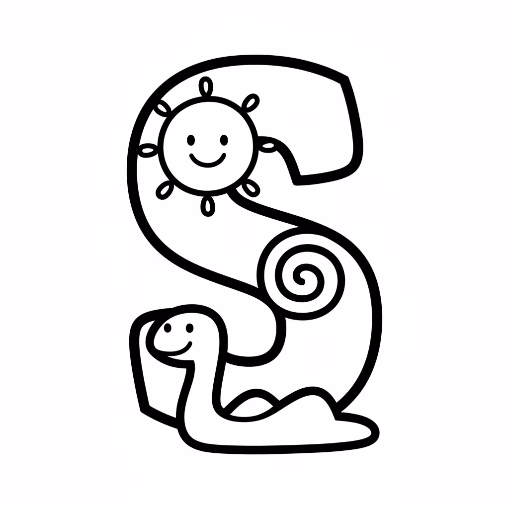 Picture of a printable coloring page showing Letter S, level easy