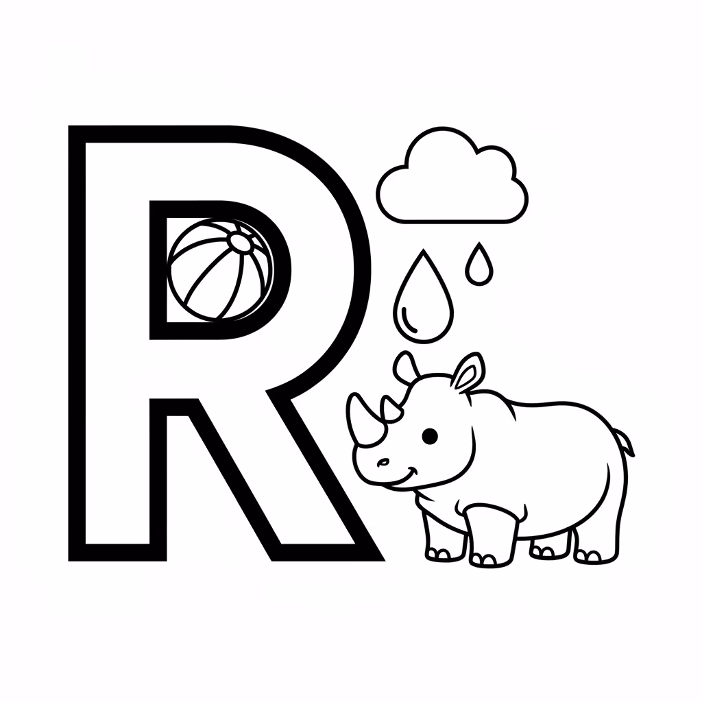 Picture of a printable coloring page showing Letter R, level easy