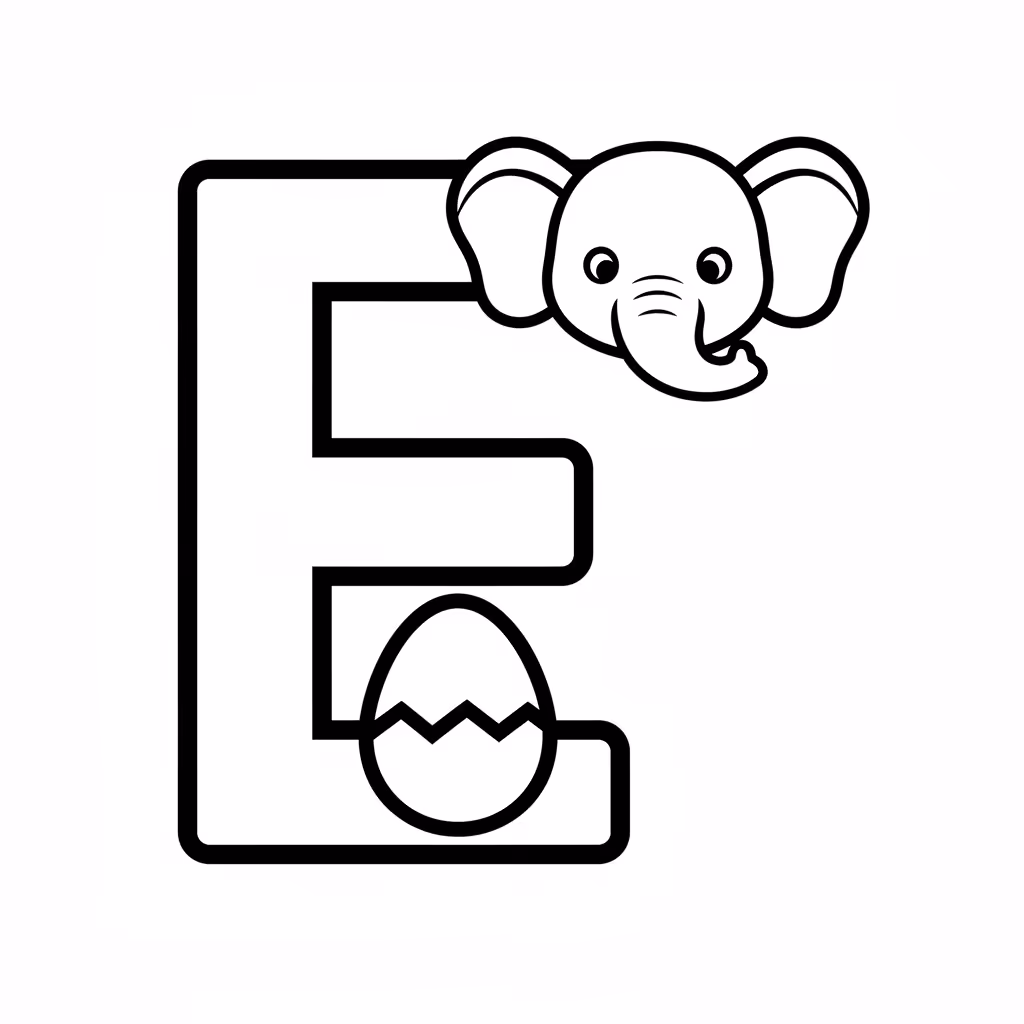Picture of a printable coloring page showing Letter E, level easy