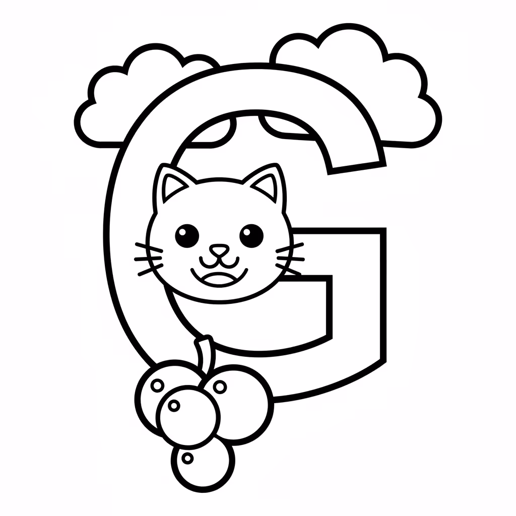 Picture of a printable coloring page showing Letter G, level easy