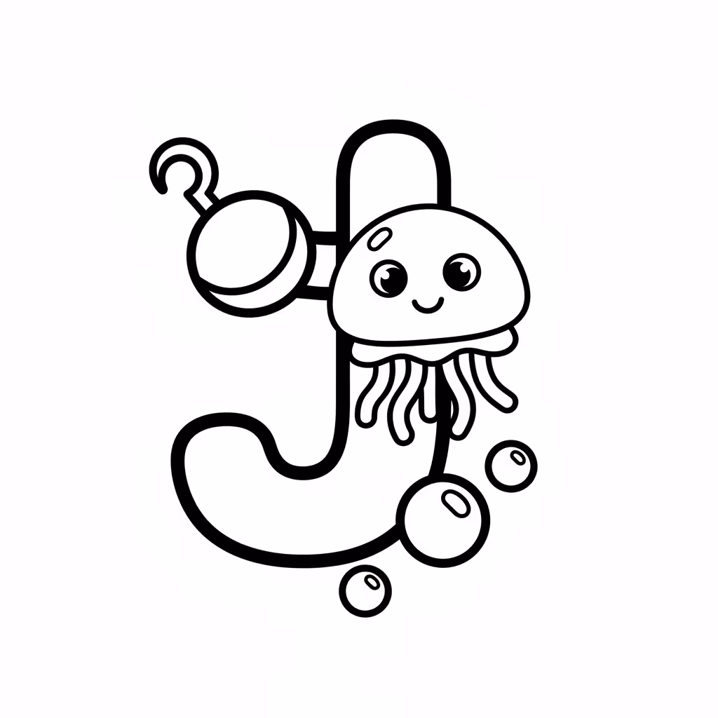 Picture of a printable coloring page showing Letter J, level easy
