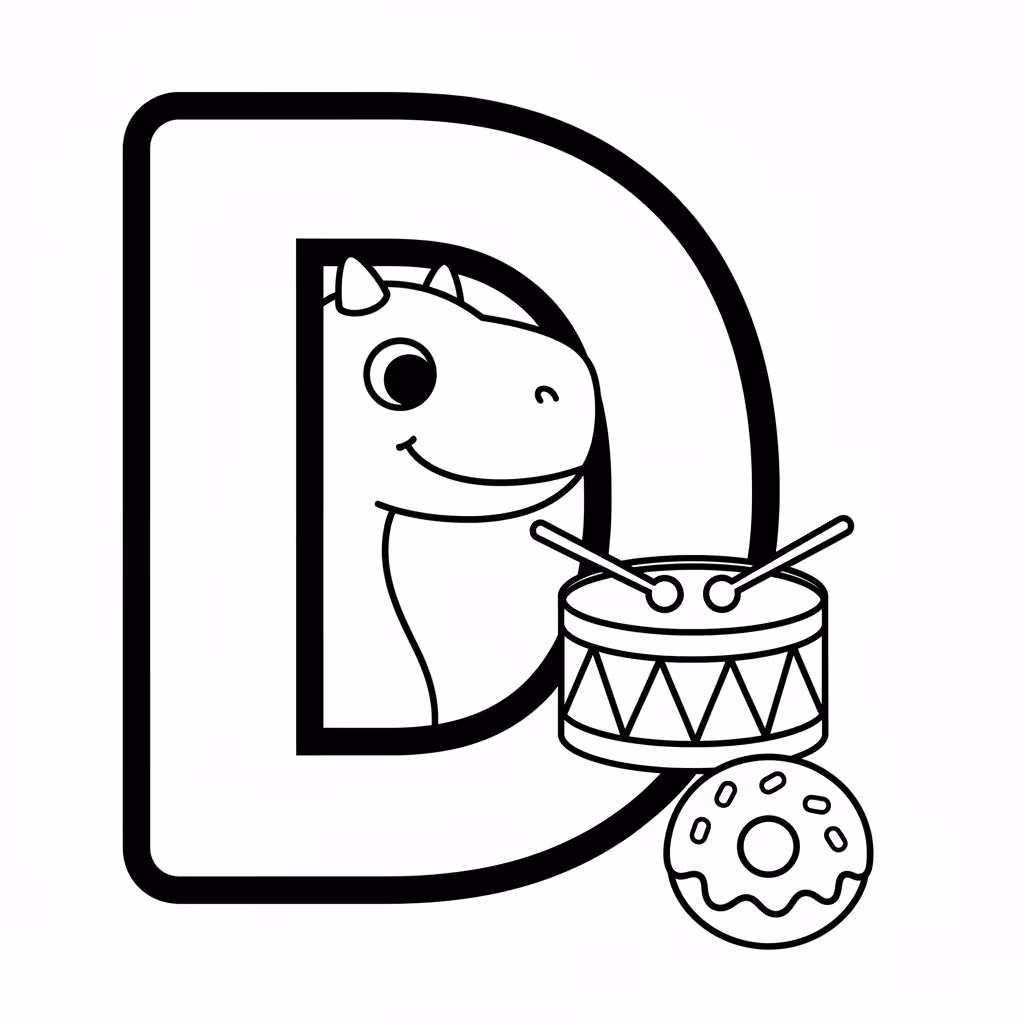 Picture of a printable coloring page showing Letter D, level easy