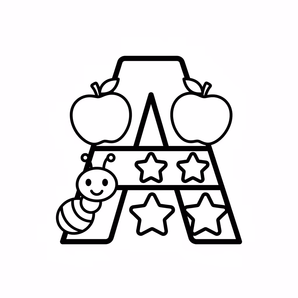 Picture of a printable coloring page showing Letter A, level easy