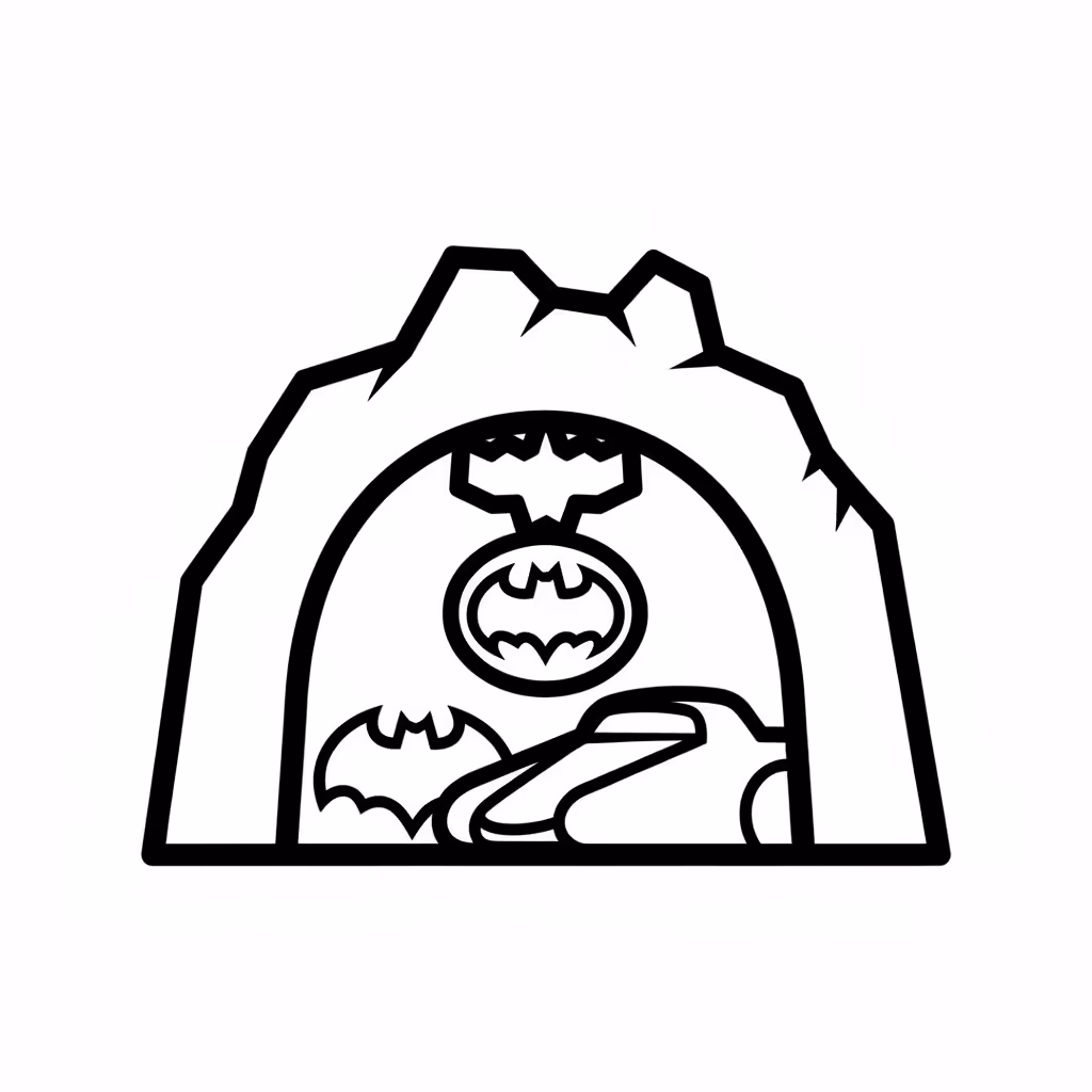 Picture of a printable coloring page showing Batcave, level easy
