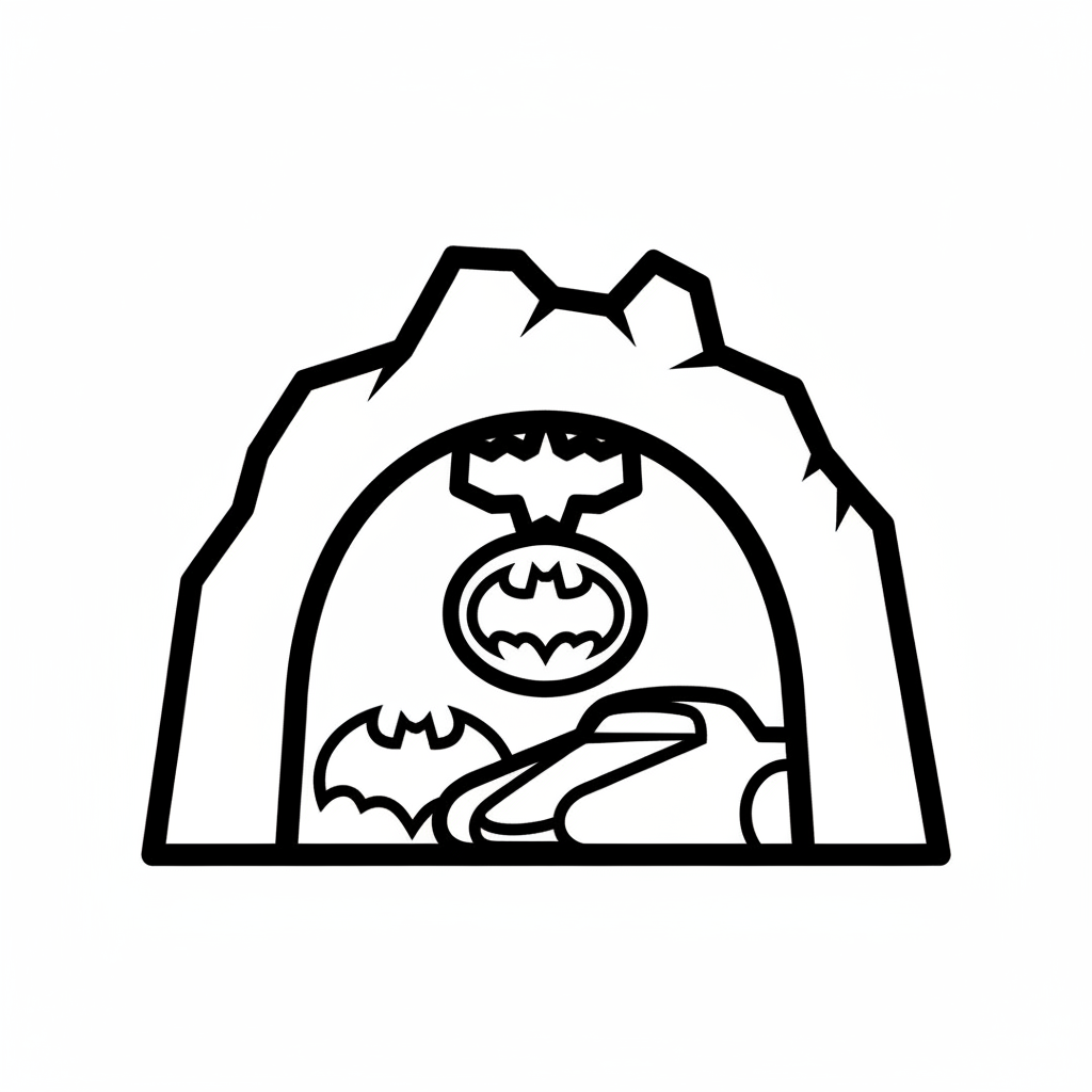 Picture of a printable coloring page showing Batcave, level easy