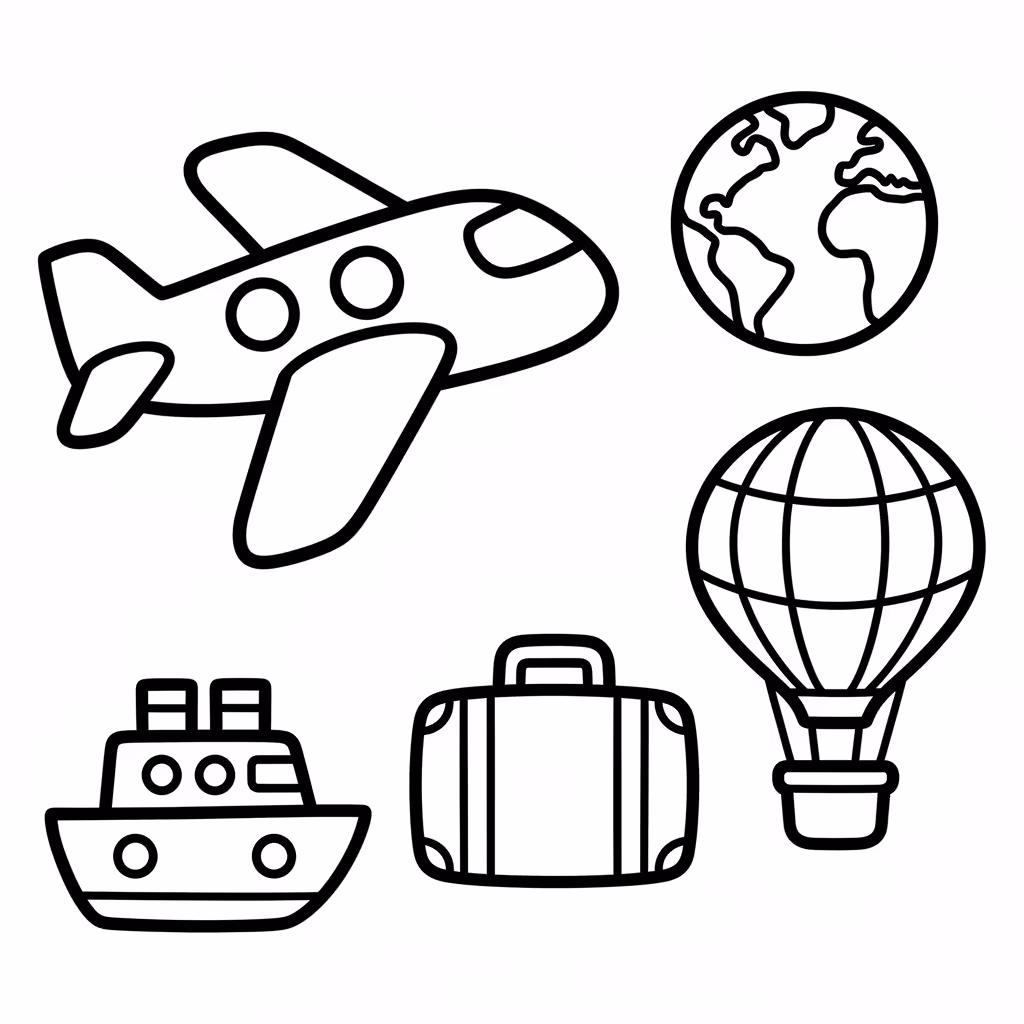 Picture of a printable coloring page showing Travel, level medium