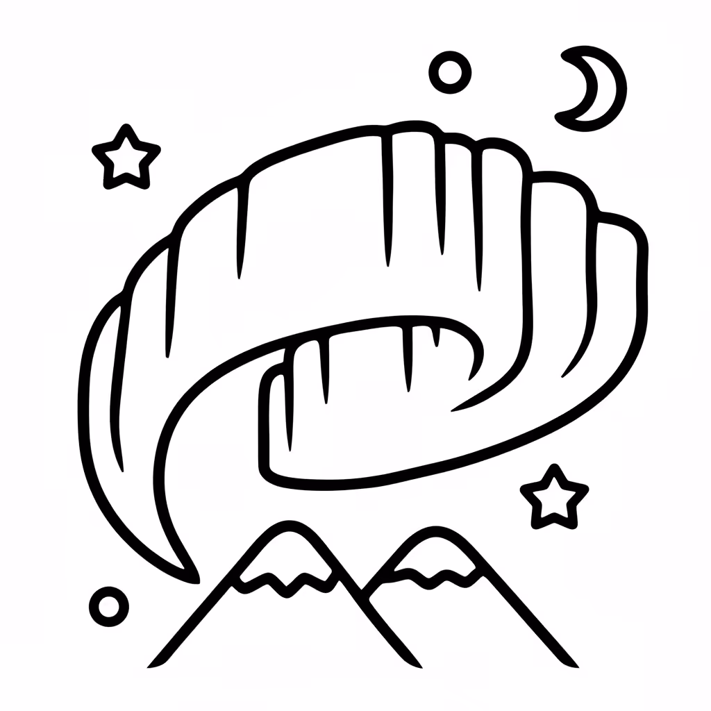 Picture of a printable coloring page showing Northern Lights, level medium