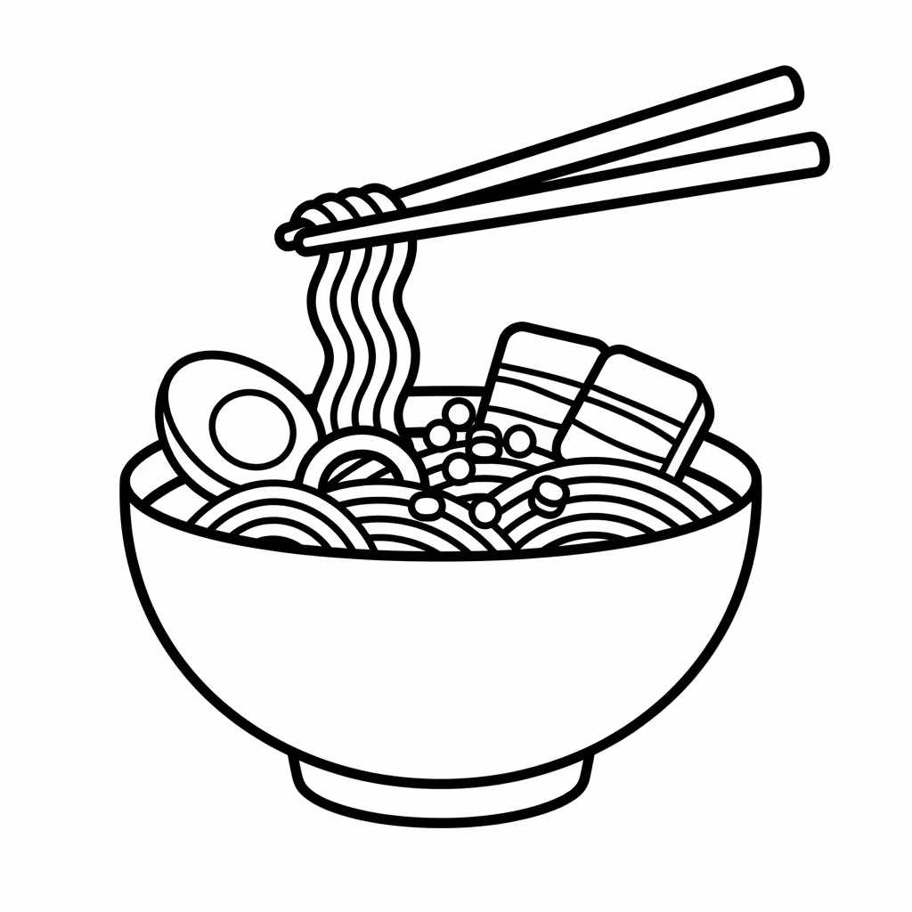 Picture of a printable coloring page showing Ramen, level medium