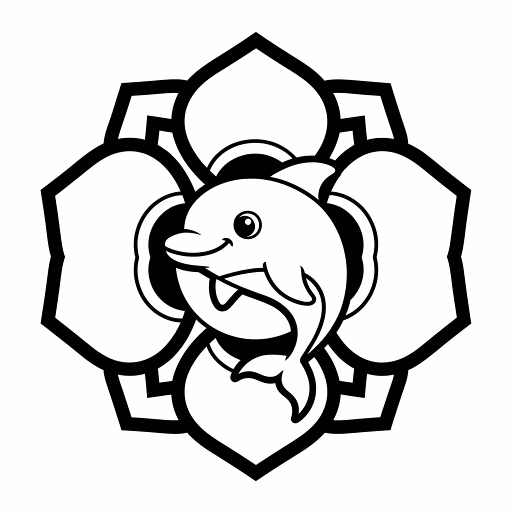 Picture of a printable coloring page showing Dolphin Mandala, level medium
