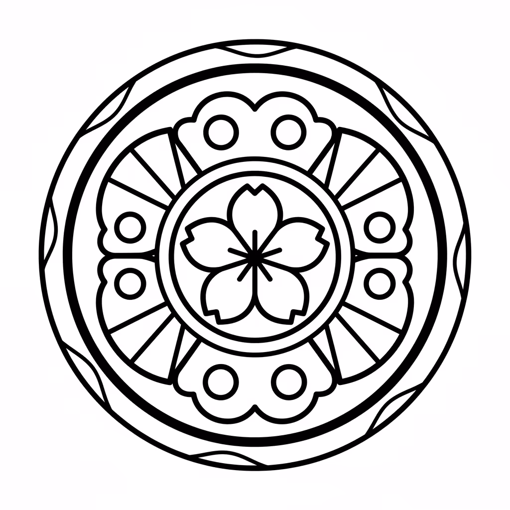 Picture of a printable coloring page showing Japanese Mandala, level medium