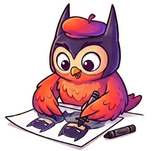 Illustration of Coloriboo's owl mascot dressed as a superhero and coloring batman