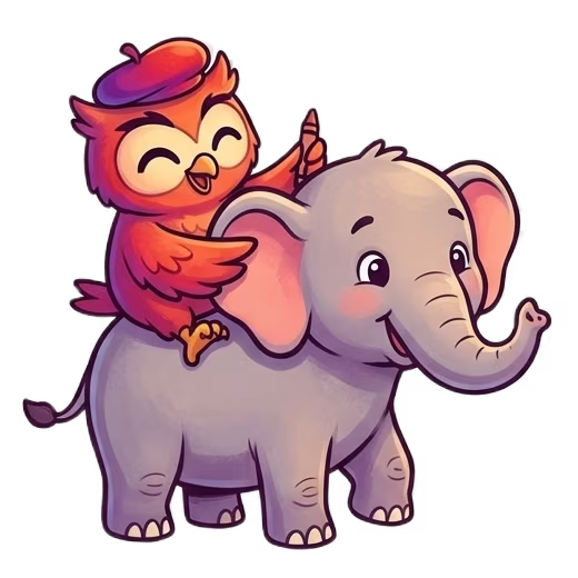 Illustration of Coloriboo's owl mascot riding on the back of an elephant