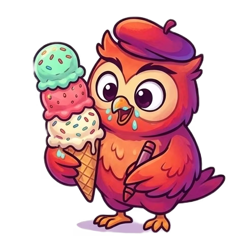 Illustration of Coloriboo's owl mascot eating a big ice cream