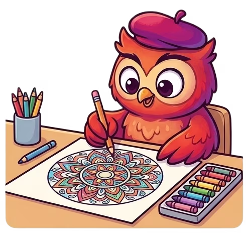 Illustration of Coloriboo's owl mascot, sitting in front of a table and coloring a mandala