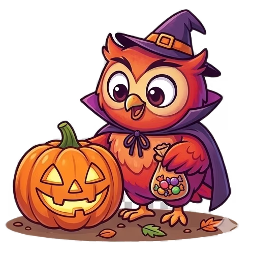 Illustration of Coloriboo's owl mascot dressed as a magician, next to a Halloween pumpkin