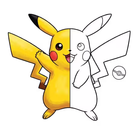 A split-view illustration of Pikachu; the left side is brightly colored in yellow with a Poké Ball, while the right side is a black and white line art coloring page.