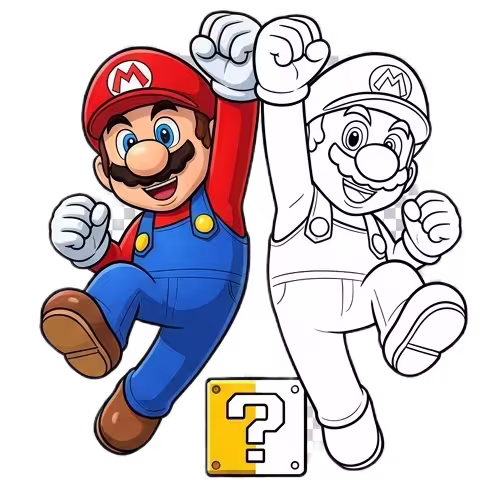 A split-view illustration of Mario jumping; the left side shows him in his classic red and blue colors, while the right side is a black and white line art coloring page.