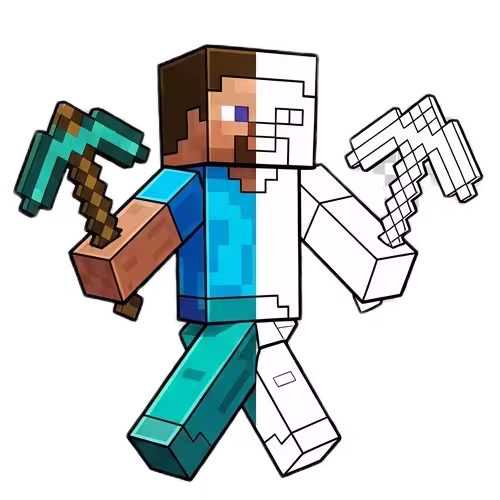 A split-view illustration of Steve from Minecraft; the left side is rendered in full color holding a diamond pickaxe, while the right side is a black and white line art coloring page.
