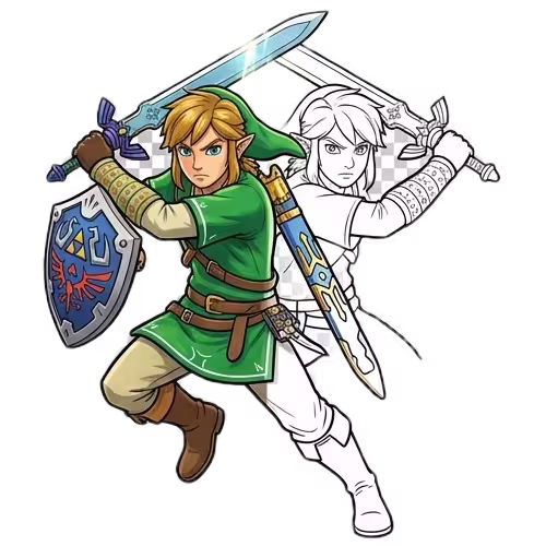A split-view illustration of Link from The Legend of Zelda in a combat pose; the left side is fully colored with his green tunic and shield, while the right side is a black and white line art coloring page.