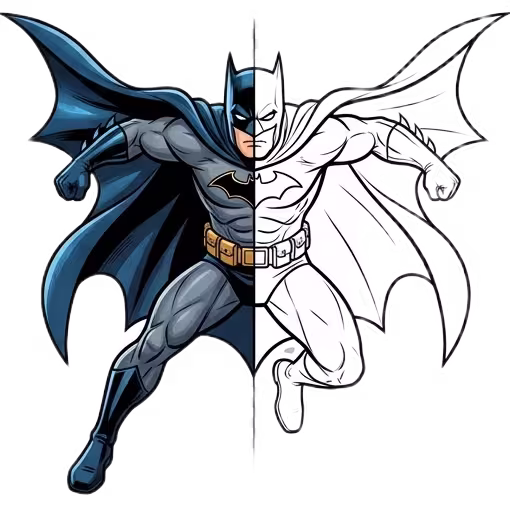 A split-view illustration of Batman with his cape spread; the left side is colored in his iconic dark blue and grey suit, while the right side is a black and white line art coloring page.