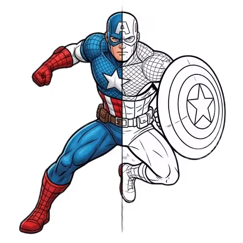 A split-view illustration of Captain America in an action pose; the left side is rendered in his classic red, white, and blue suit, while the right side is a black and white line art coloring page.