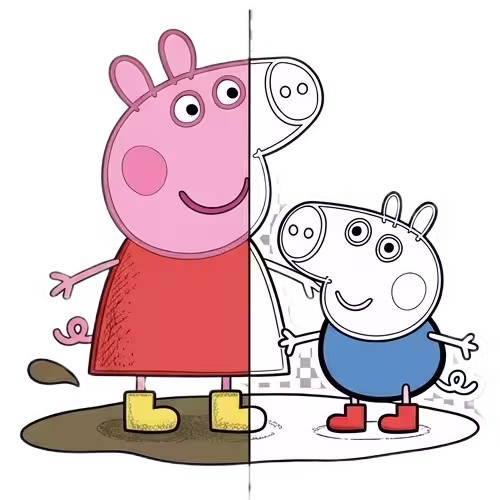 A split-view illustration of Peppa Pig and George; the left side shows Peppa in full color jumping in a muddy puddle, while the right side is a black and white line art coloring page of George.