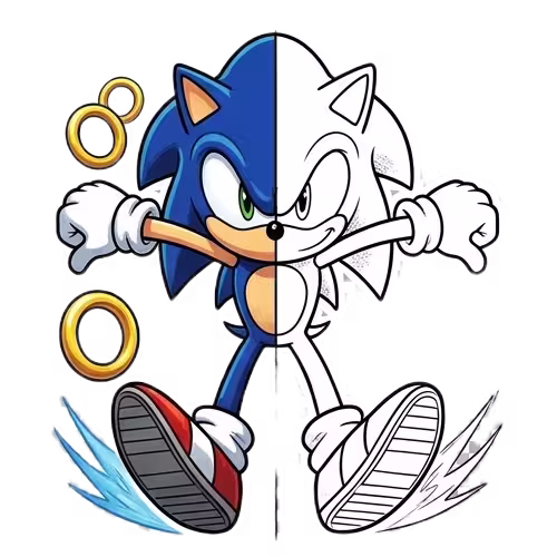 A split-view illustration of Sonic the Hedgehog; the left side is fully colored in his classic blue with golden rings, while the right side is a black and white line art coloring page.