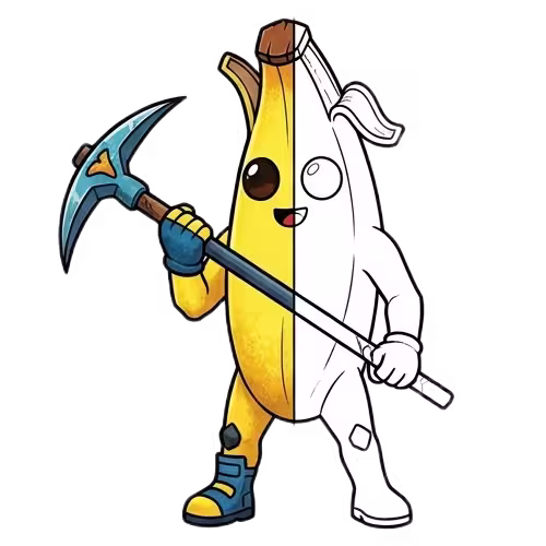 A split-view illustration of Peely from Fortnite holding a pickaxe; the left side is colored in bright yellow, while the right side is a black and white line art coloring page.