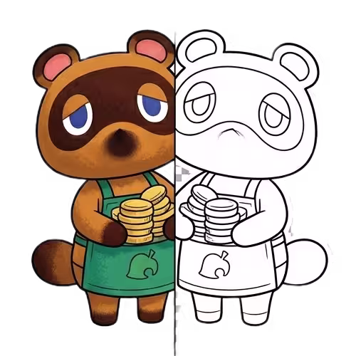 A split-view illustration of Tom Nook from Animal Crossing; the left side is colored in his signature brown and green apron holding coins, while the right side is a black and white line art coloring page.