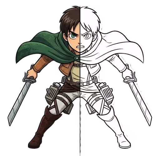 A split-view illustration of Eren Yeager from Attack on Titan, in his Scout Regiment uniform with dual blades; the left side is fully colored with his green cape and determined expression, while the right side is a black and white line art coloring page.
