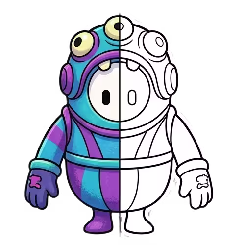 A split-view illustration of a Fall Guys character in a monster costume; the left side is brightly colored in purple and blue, while the right side is a black and white line art coloring page.